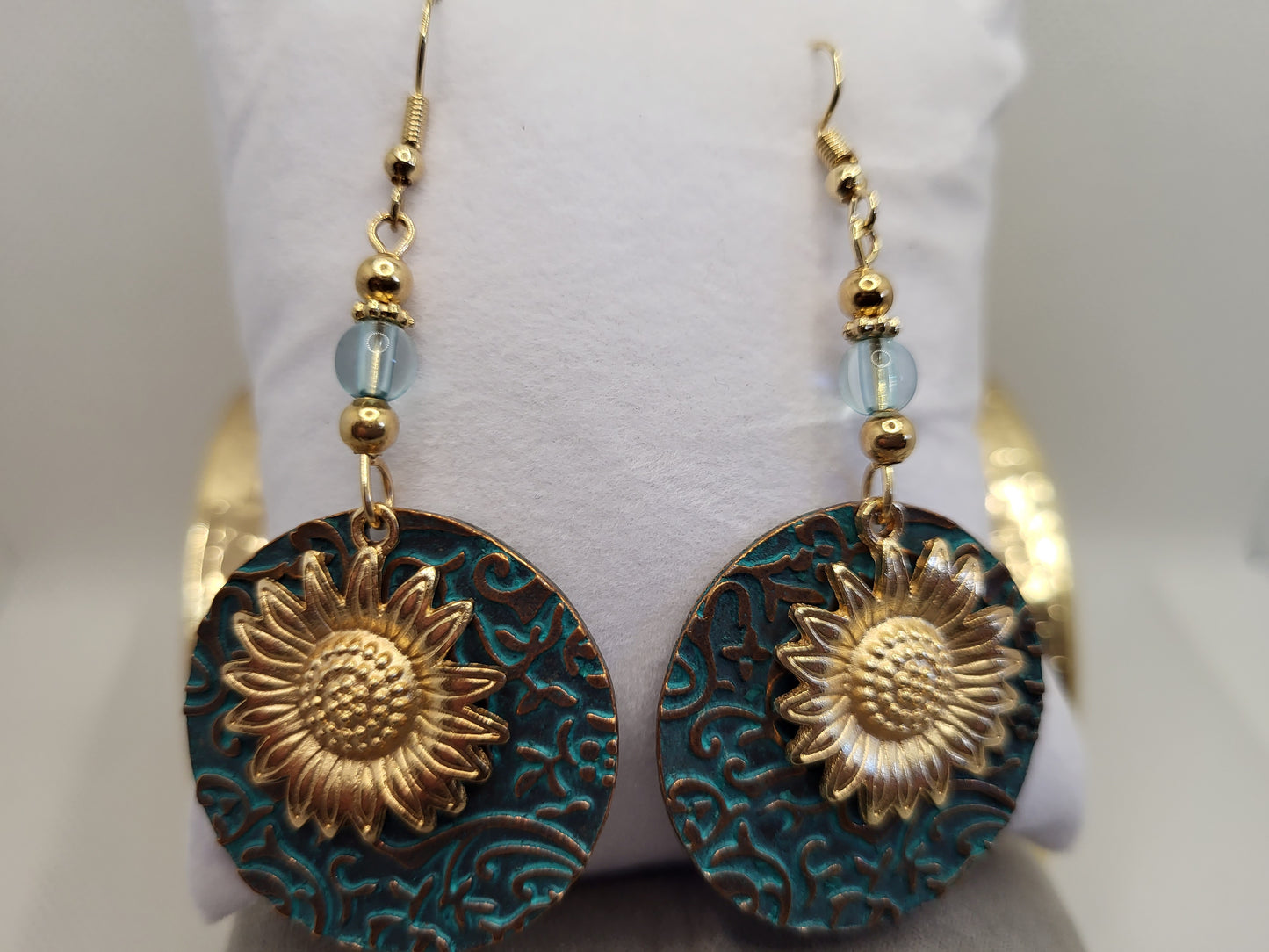 Beautiful sunflower earrings Aqua and Gold