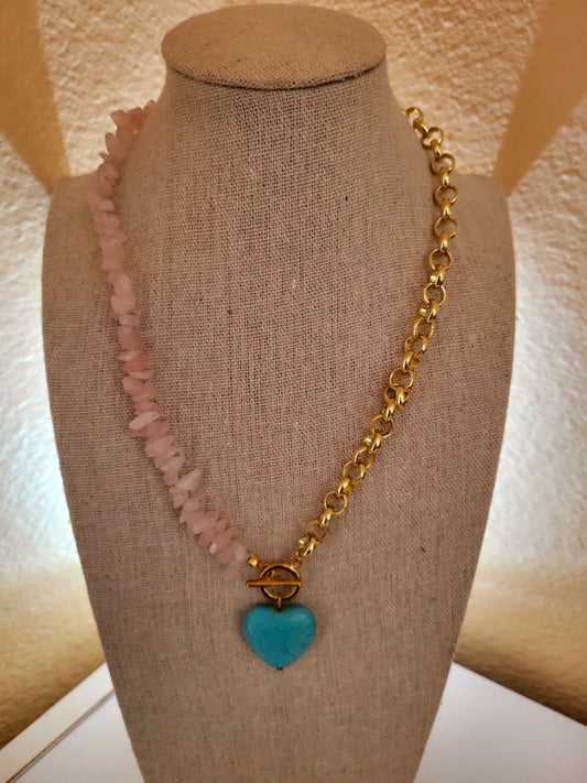 Beautiful heart stone pendant rose quartz and golden chain