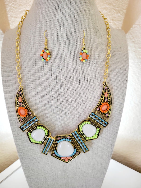 Boho geometric Resin Pendant Necklace and earrings