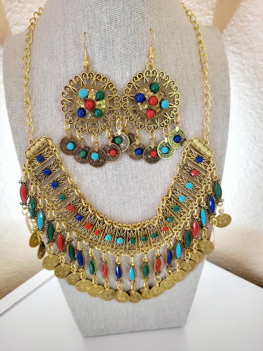 Vintage Colorful gemstone necklace and earrings