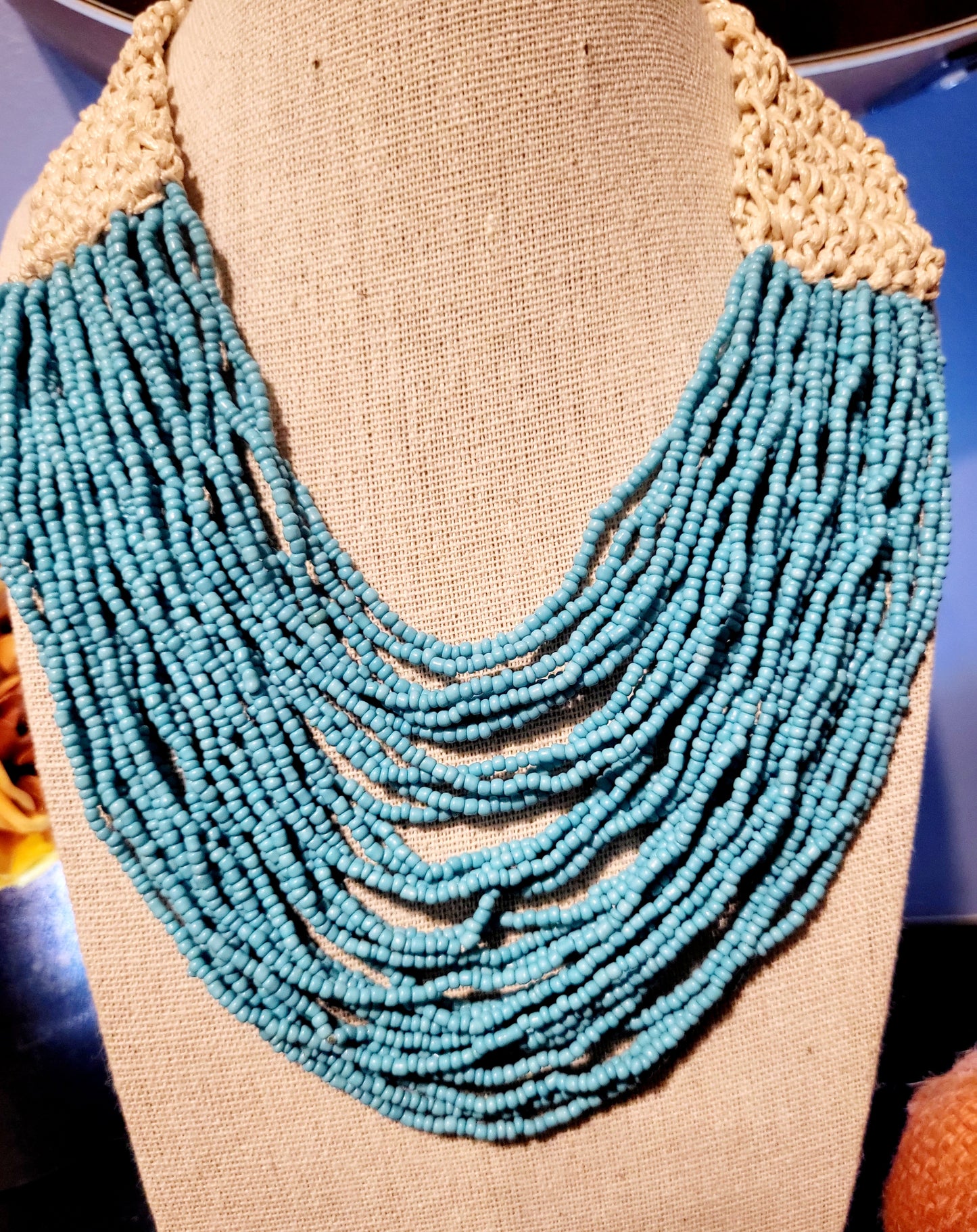 Retrp ethnic aqua beaded necklace