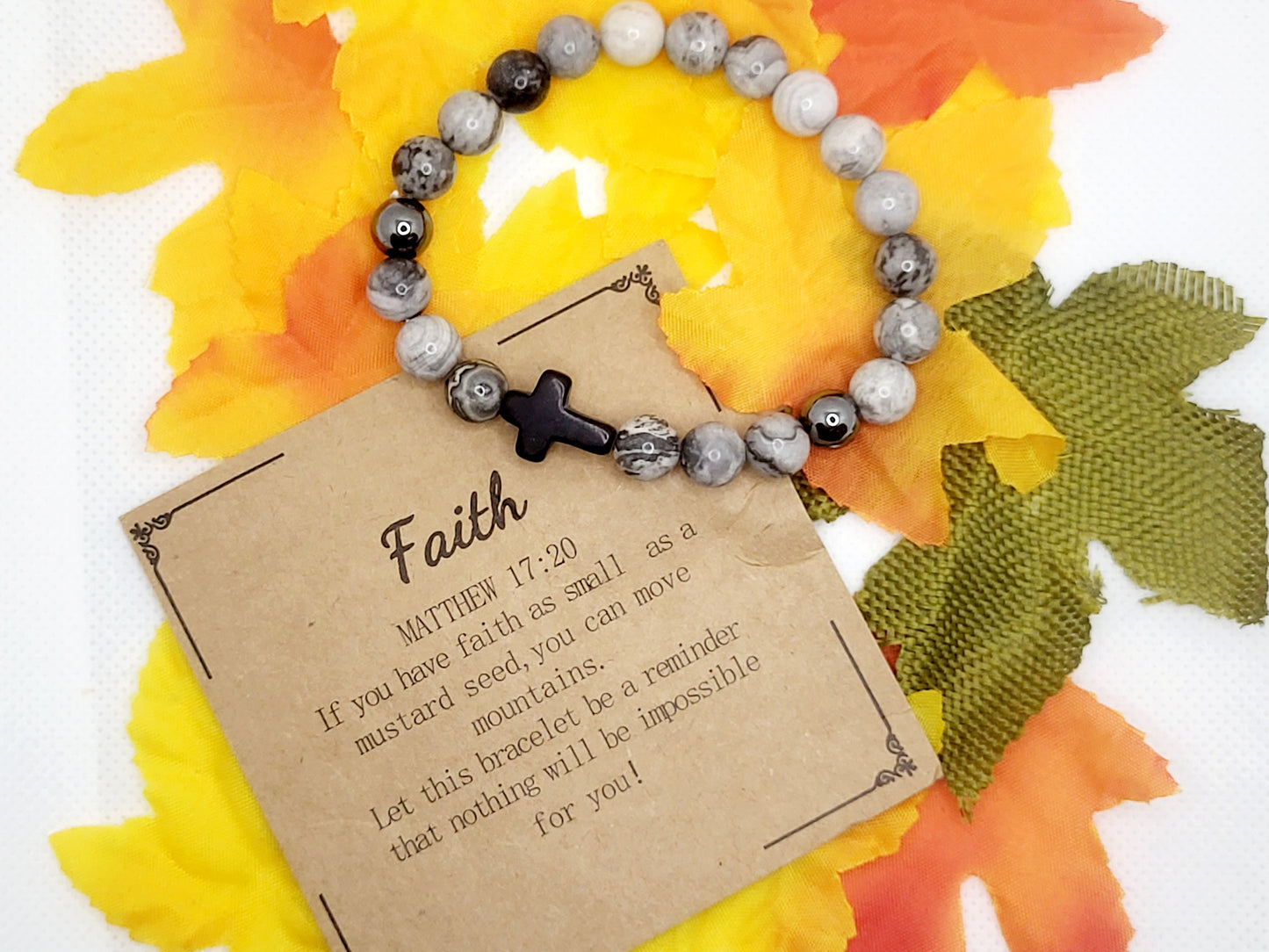 Grey/black beaded cross bracelet