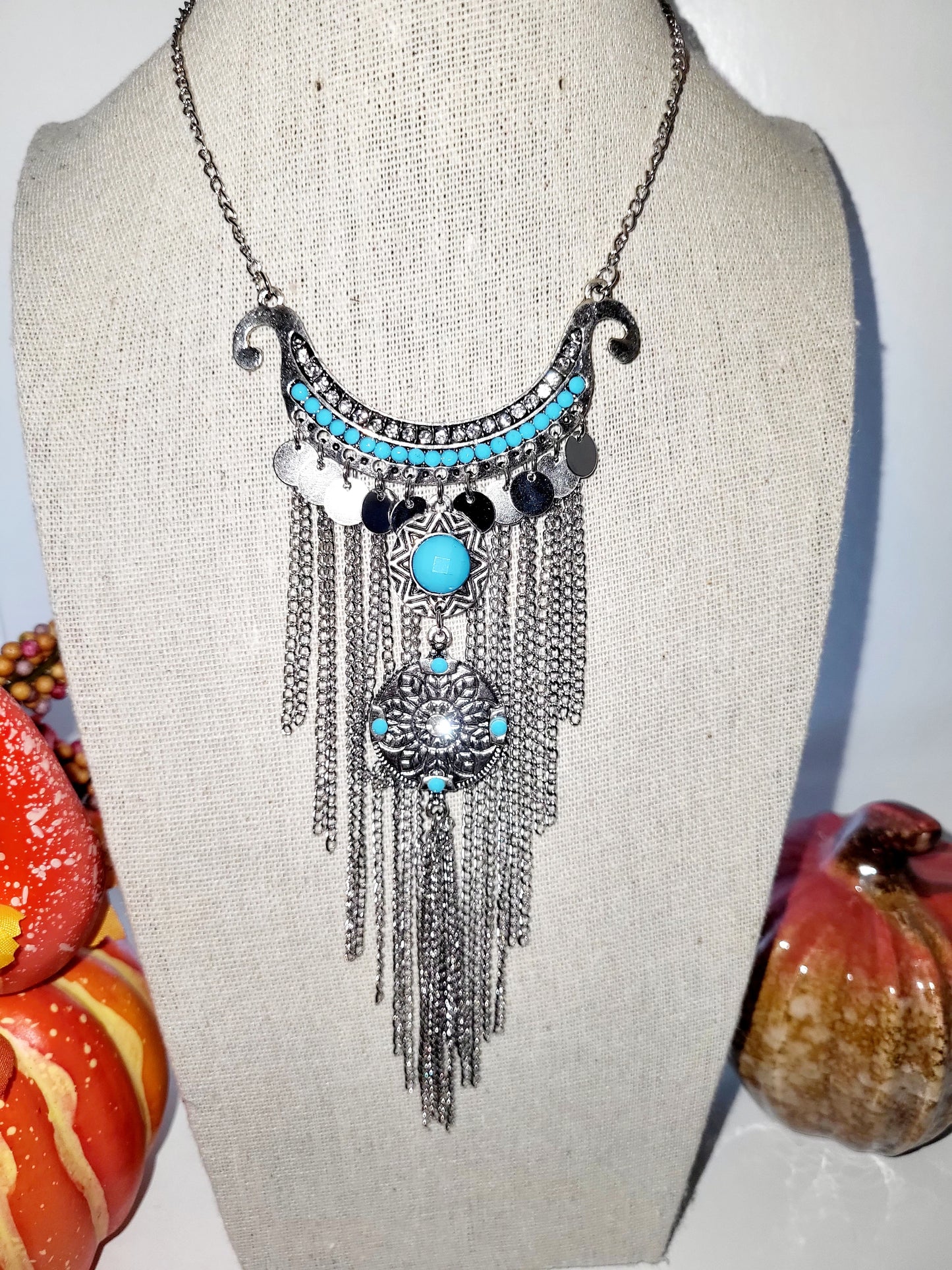 Silver/Aqua Tassel Necklace