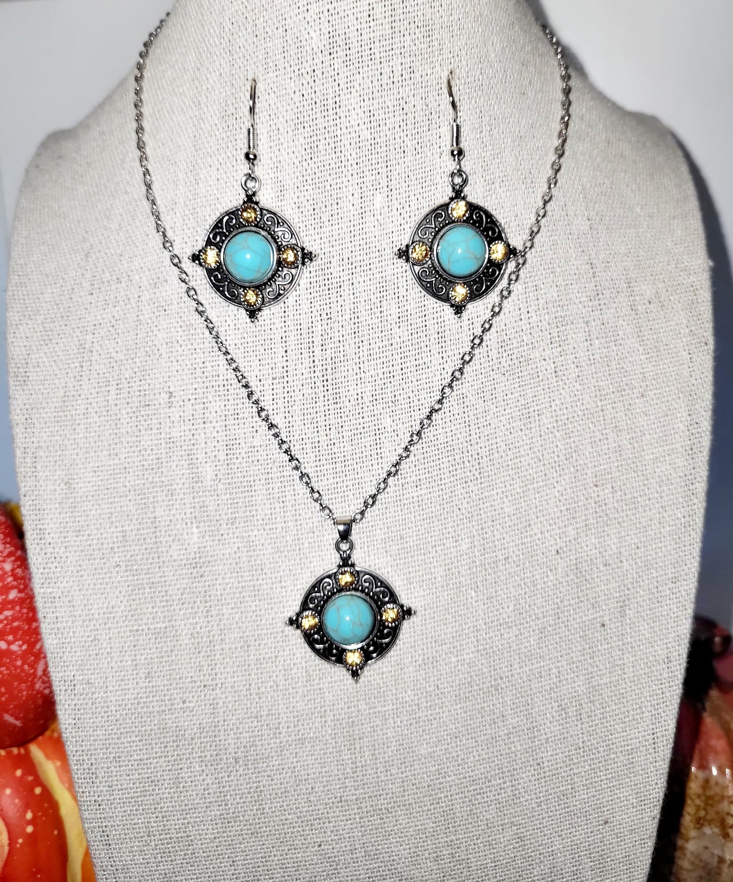 Vintage Aqua and yellow stones necklace and earrings set