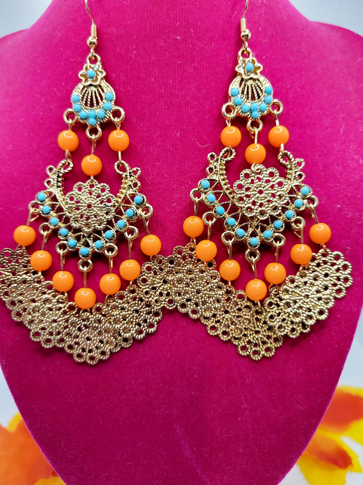 Boho beads tassel earrings  orange and aqua