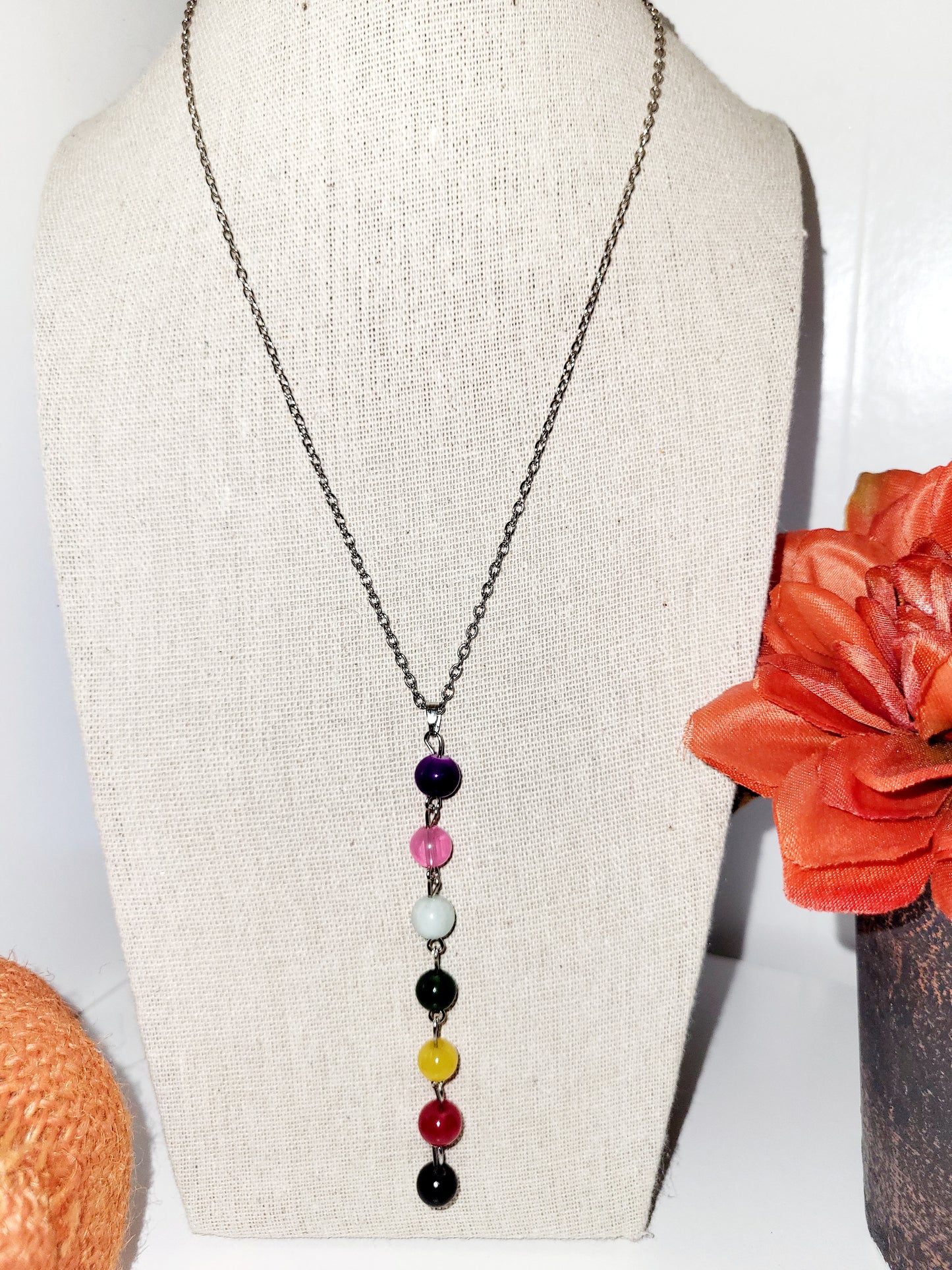 Multi color beads silver necklace