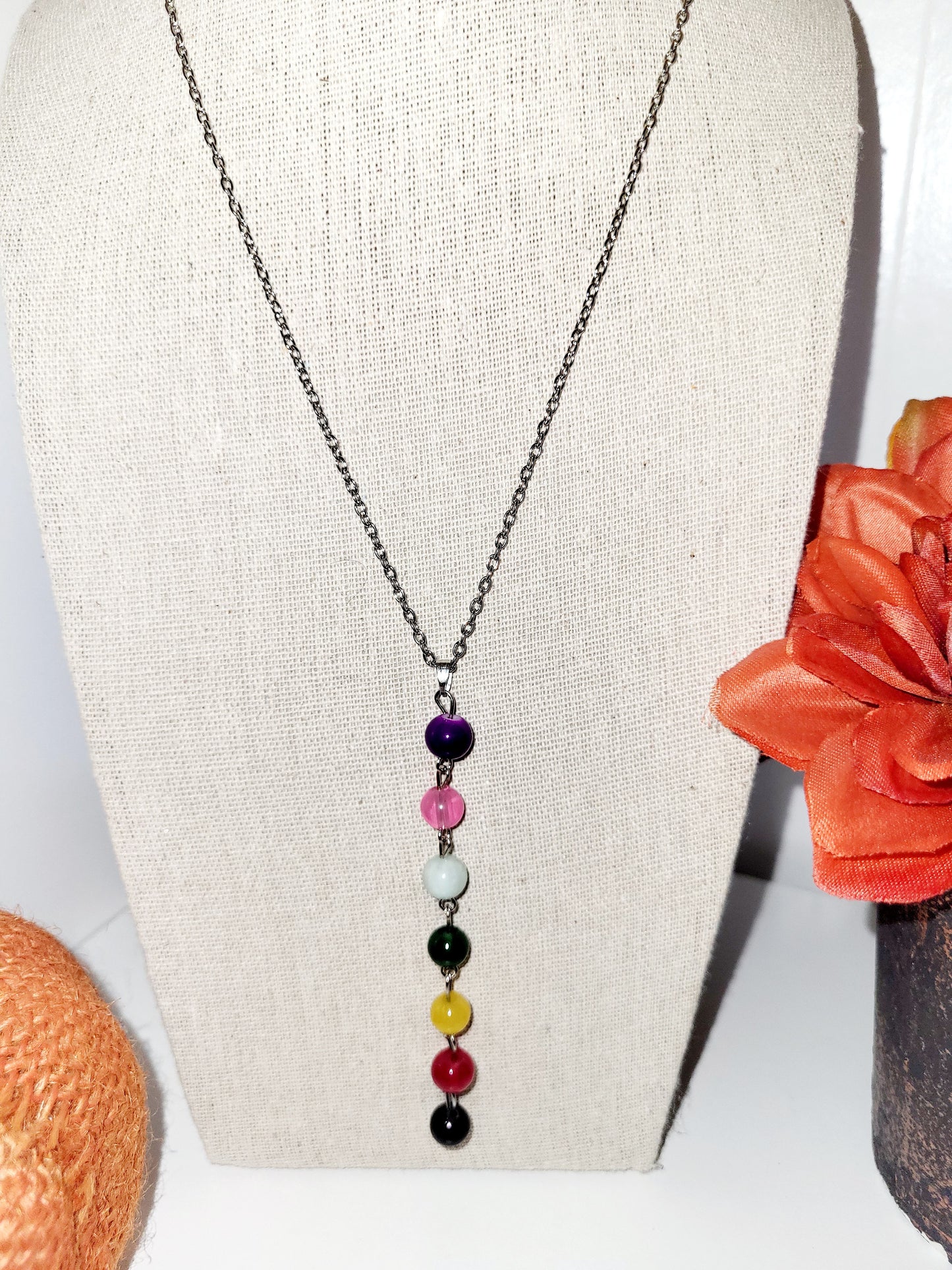 Multi color beads silver necklace