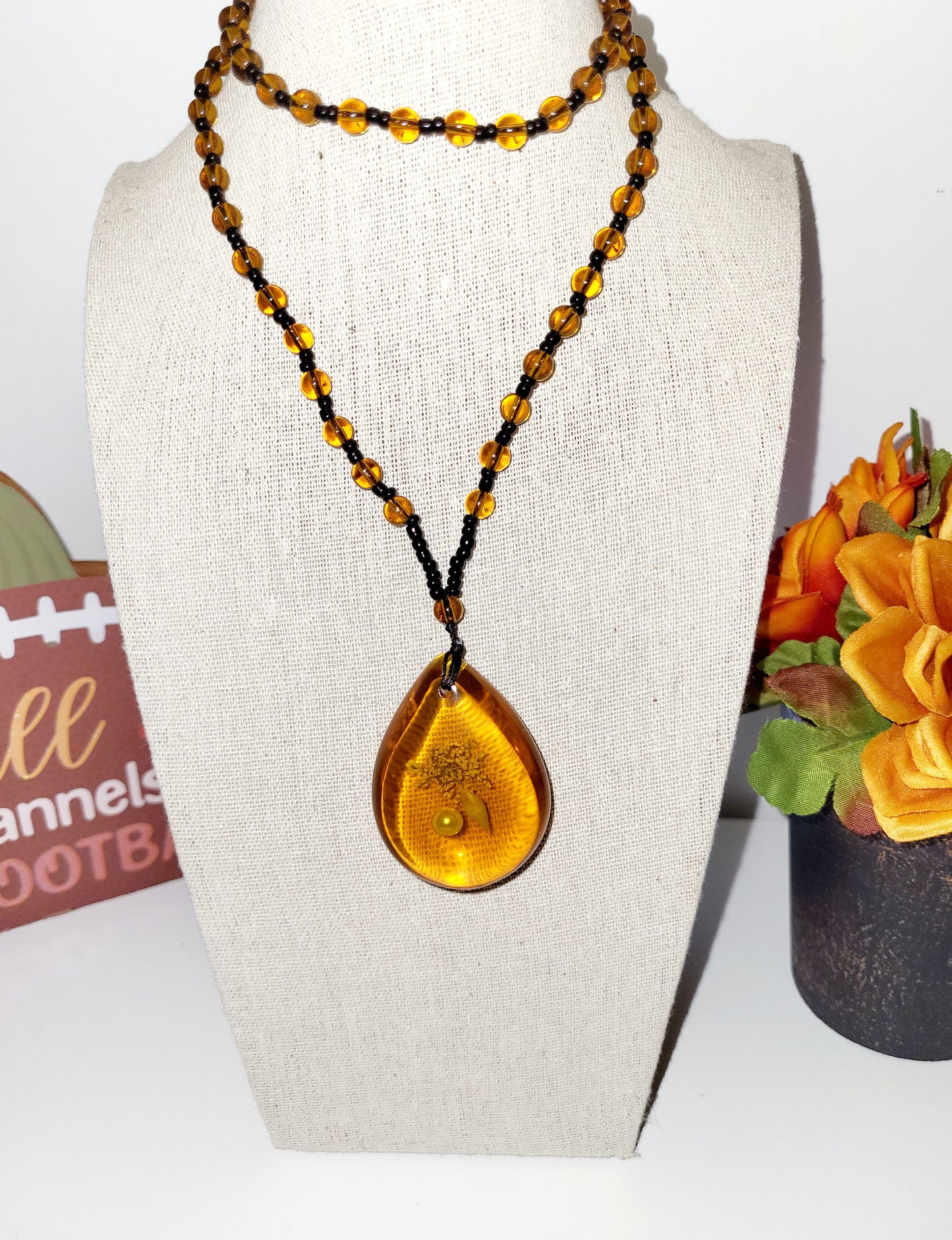 Black and Orange Resin Pendant Necklace