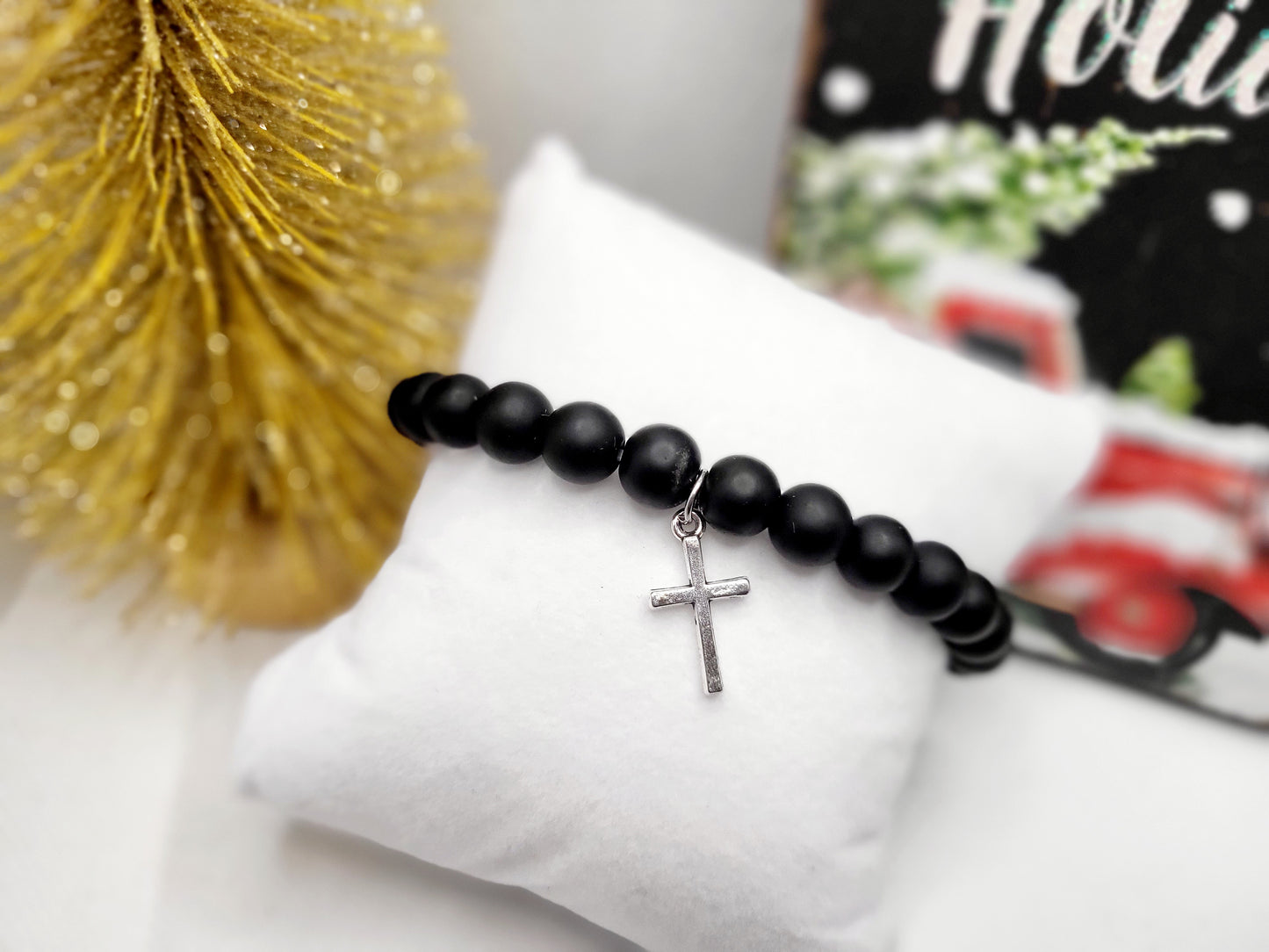 Black beads cross bracelet