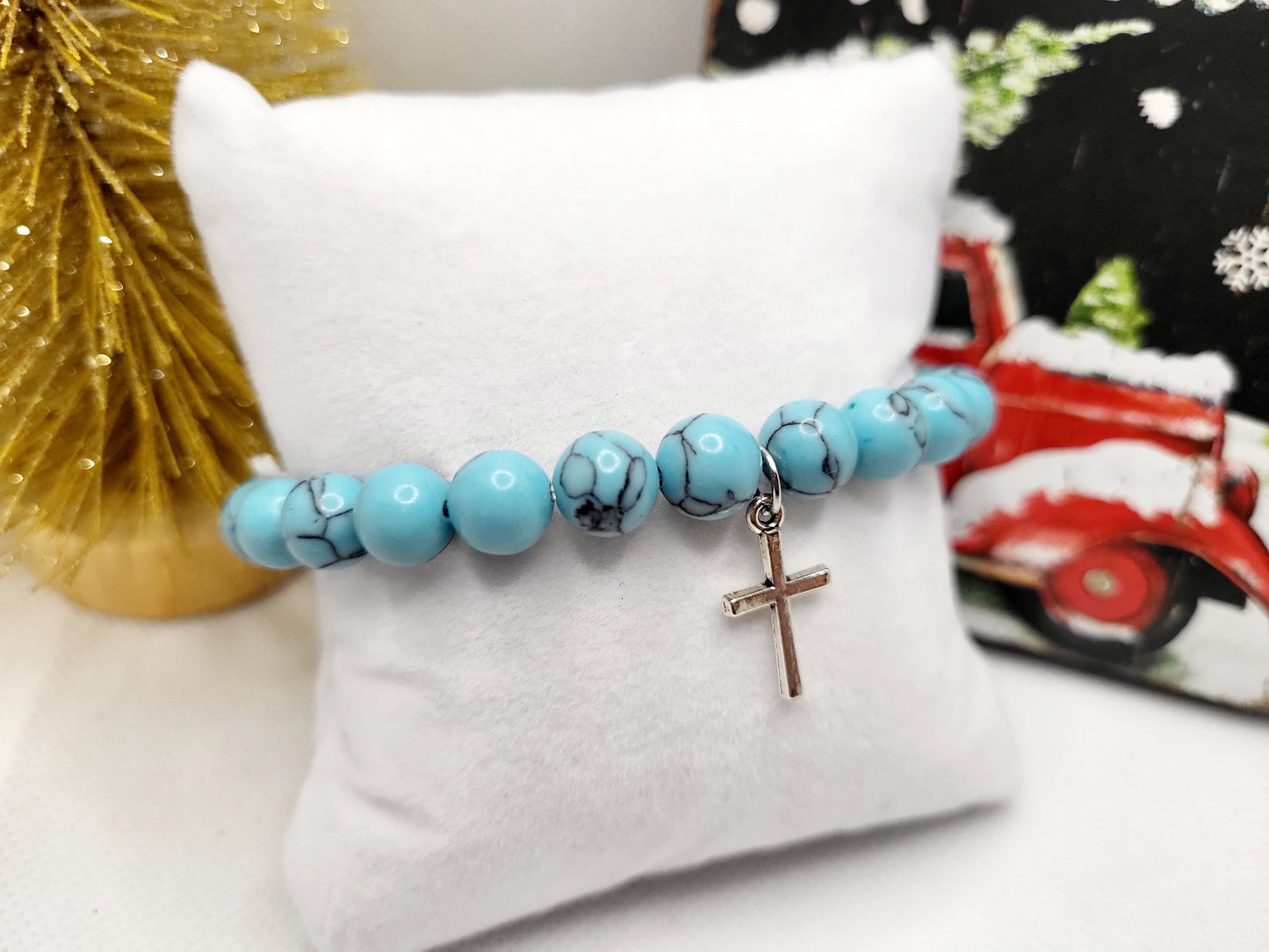 Aqua beads cross bracelet