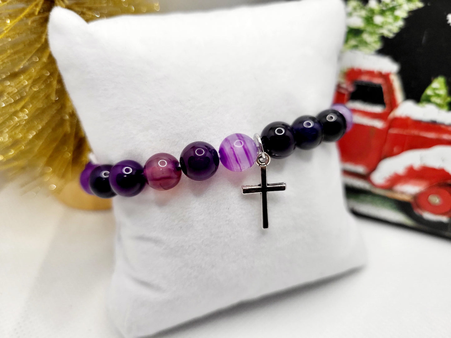 Purple beads cross bracelet