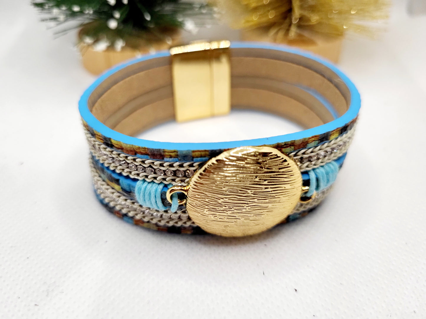 Aqua/Gold Leather magnetic bracelet