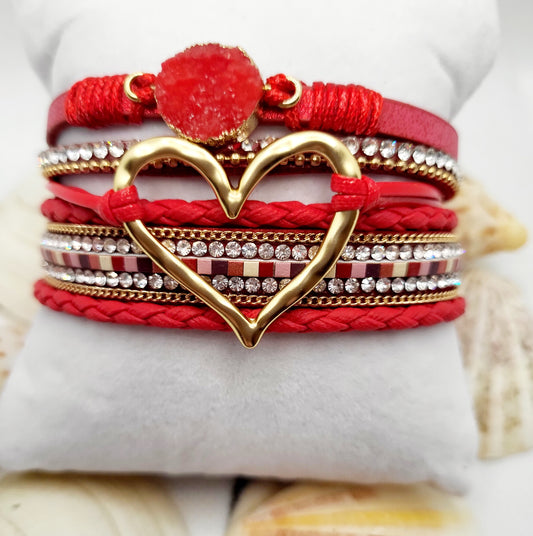 Multilayer Faux Leather Red Heart Bracelet