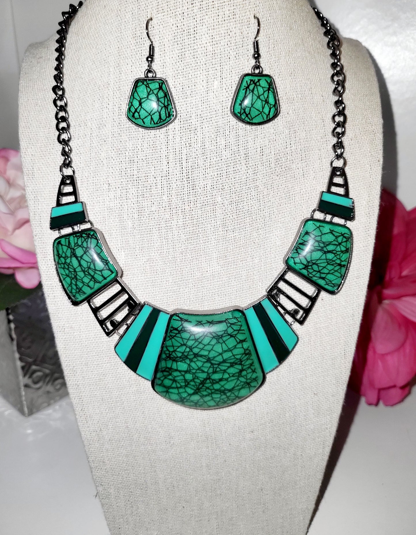 Boho Inlaid Gemstone Necklace and Earrings Set