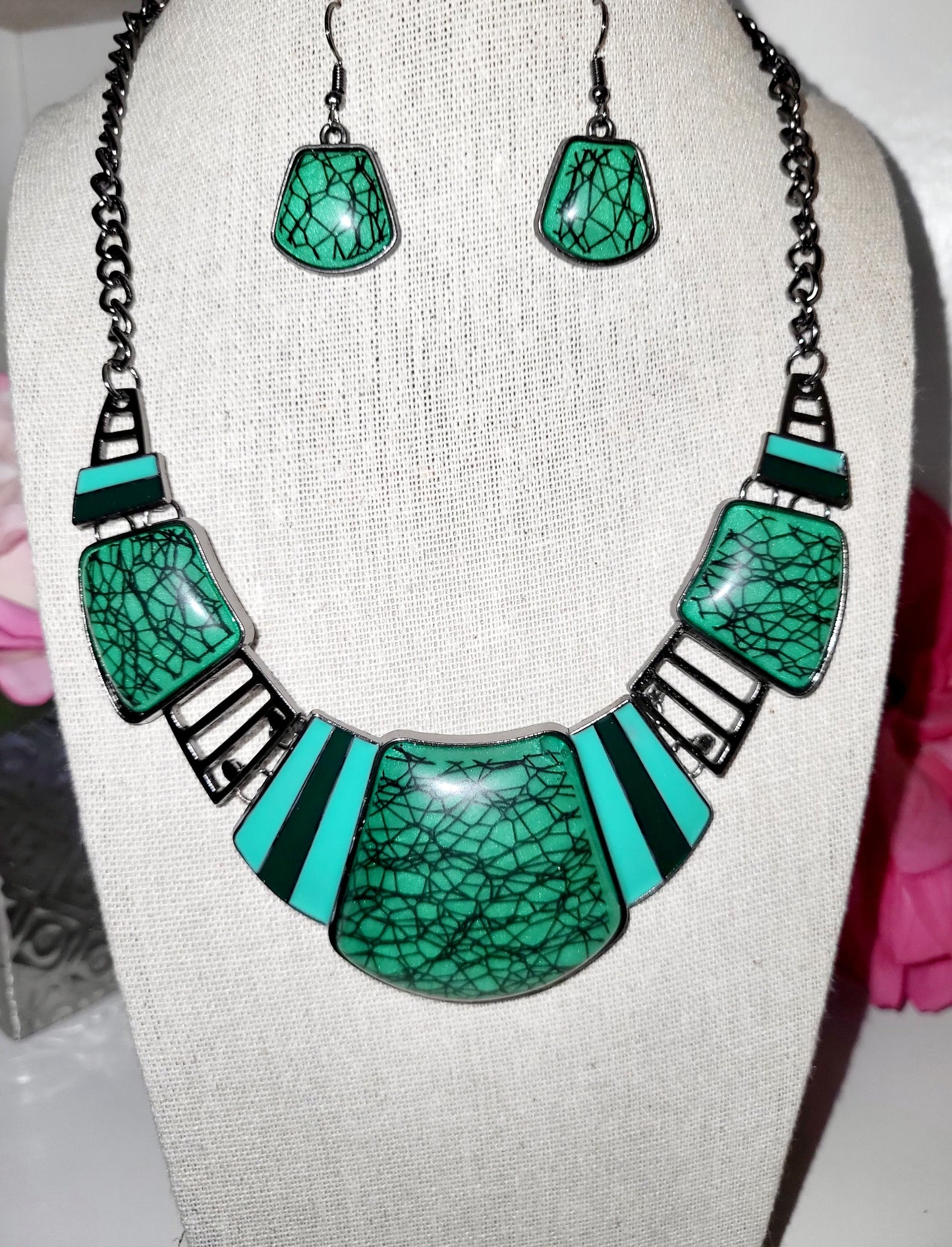 Boho Inlaid Gemstone Necklace and Earrings Set