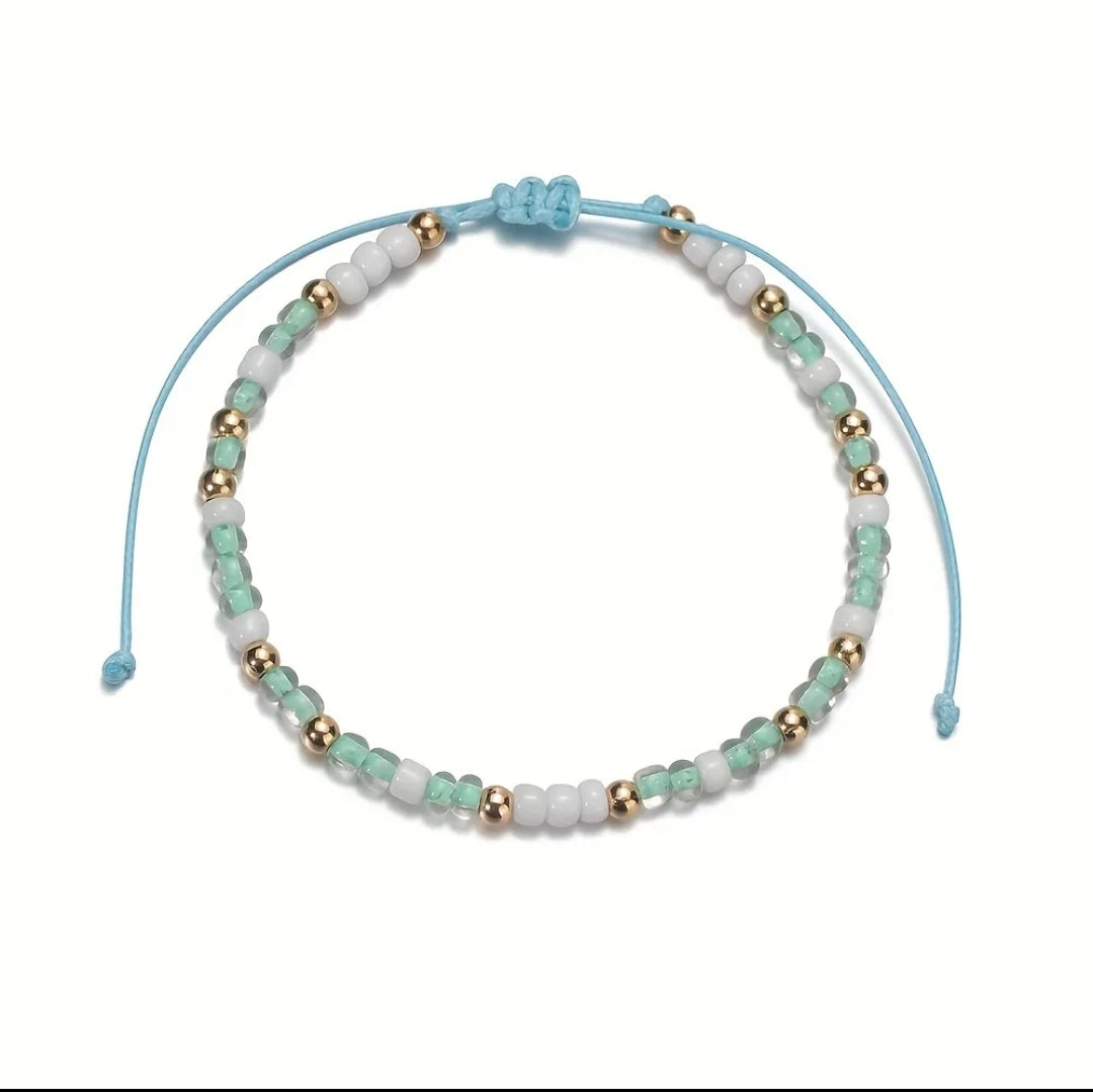 Boho style rice bead ankle bracelet turquoise and white