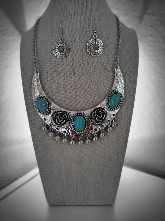 Carved gemstone silver aqua necklace and earrings set