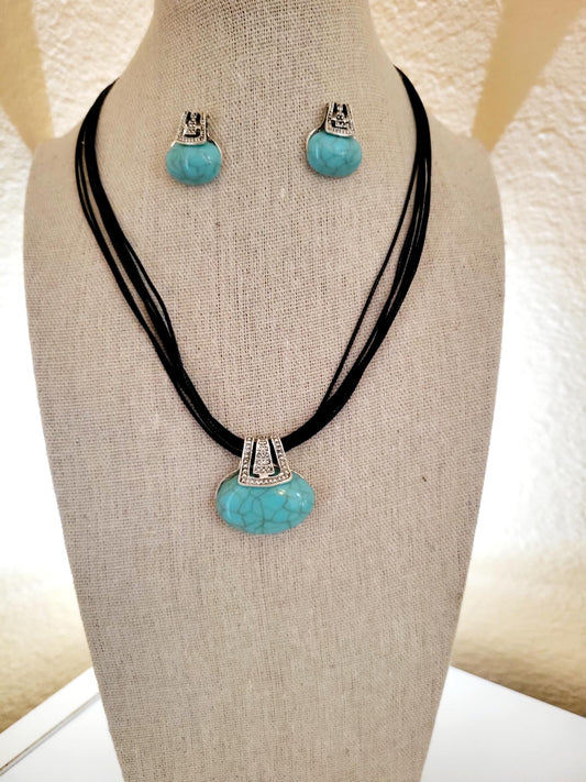 Ethnic black and aqua necklace and earrings set