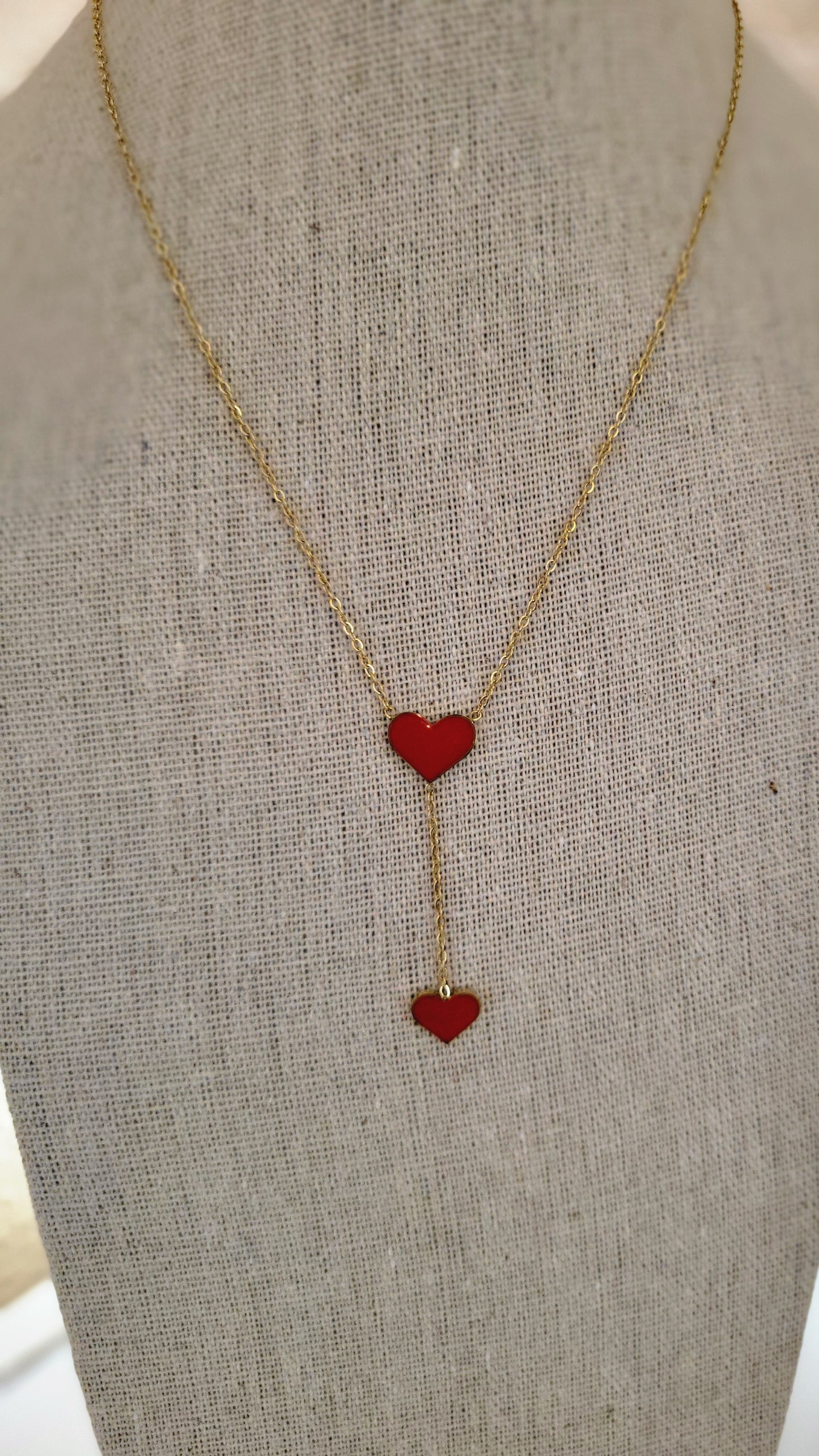 Gold platted two red hearts necklace