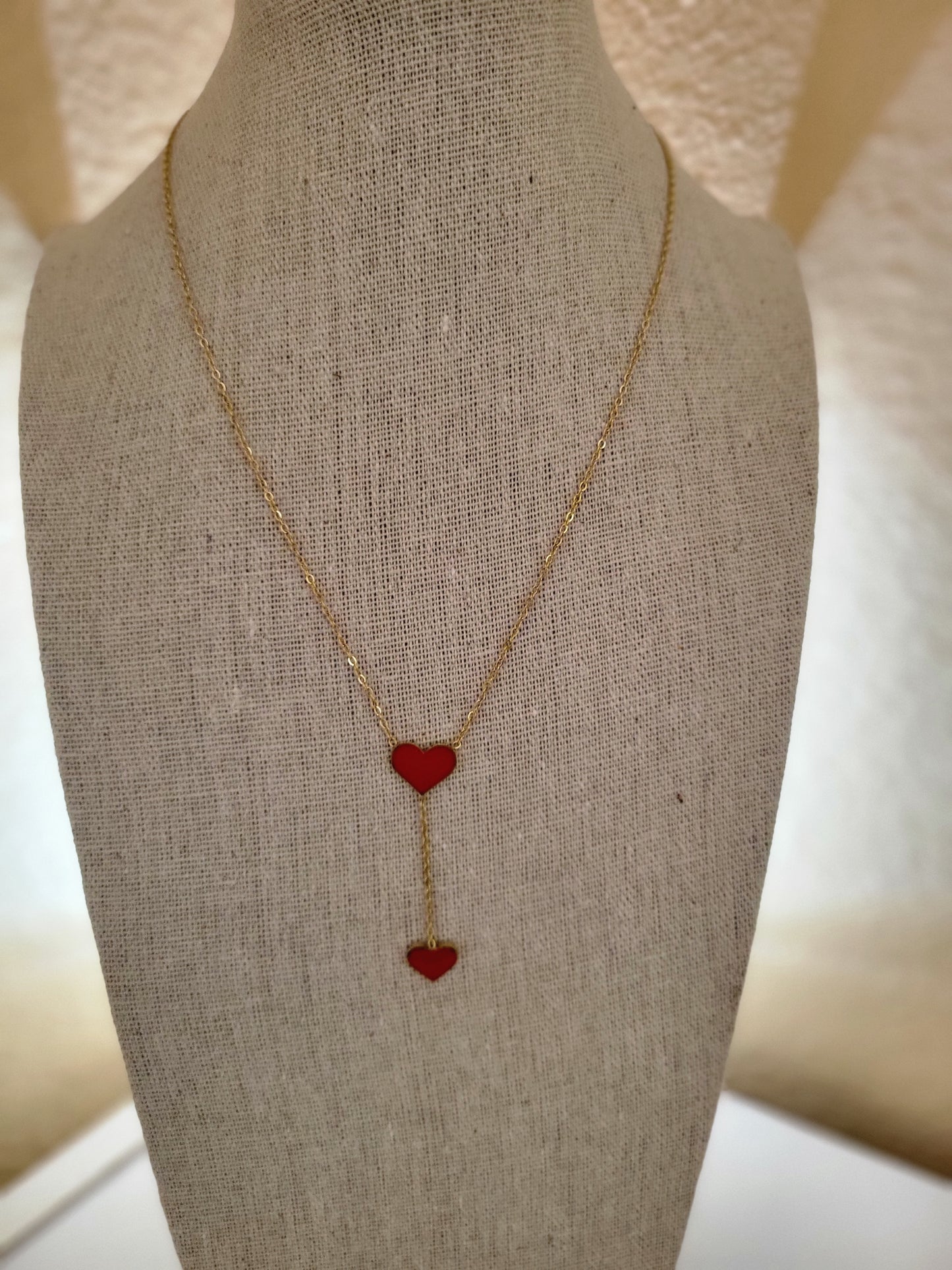 Gold platted two red hearts necklace