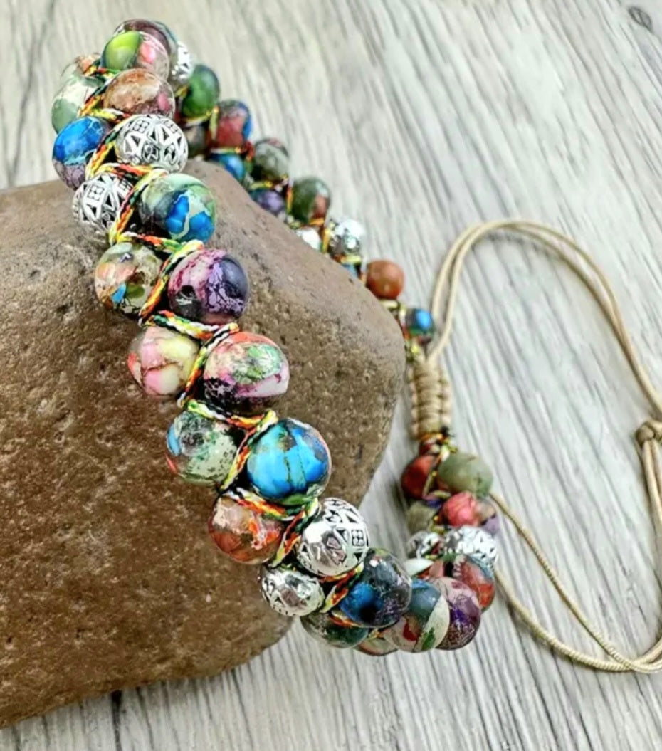 Five color stone double layer beaded bracelet