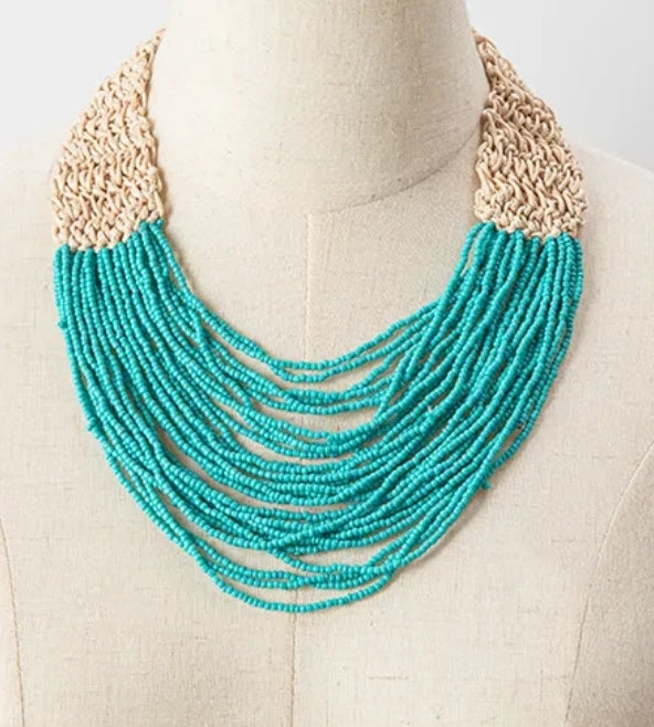 Retrp ethnic aqua beaded necklace