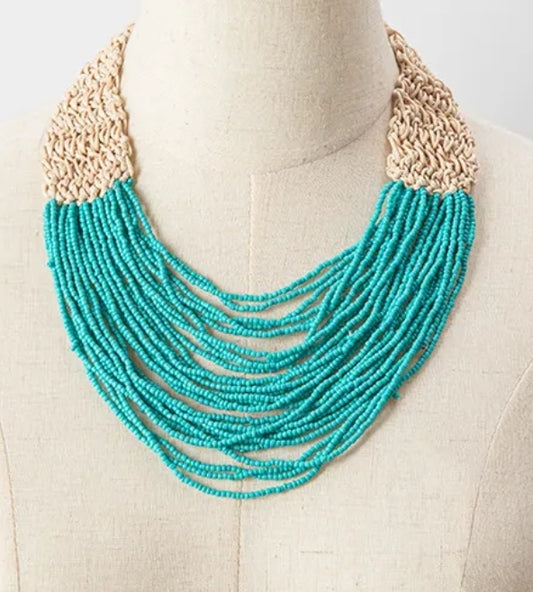 Retrp ethnic aqua beaded necklace