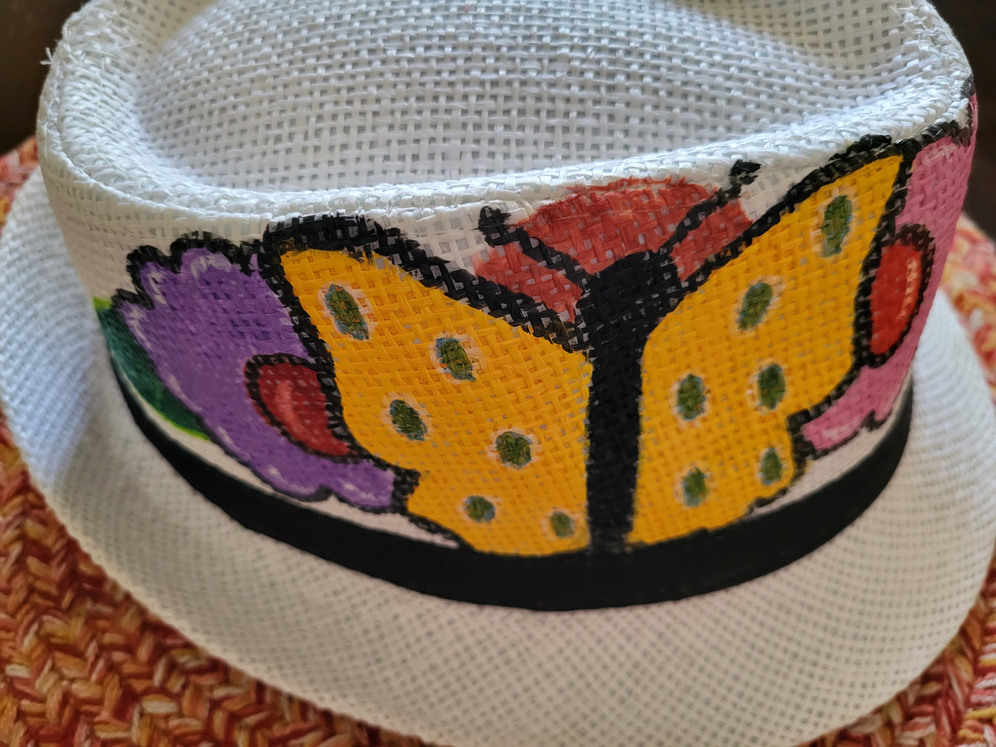 Butterfly and flowers straw hat hand painted