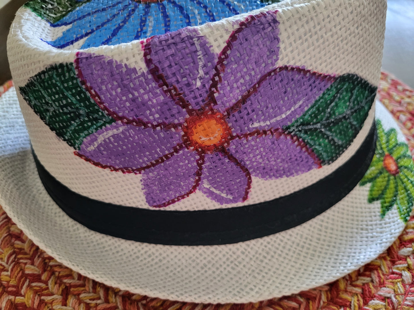 Multi color flowers straw hat Hand Painted