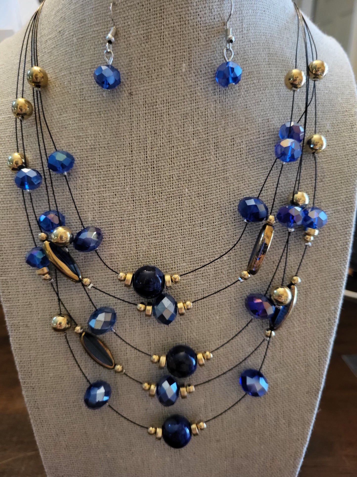 Multi Layers Bohemian Beads Blue and Gold Necklace and Earrings set