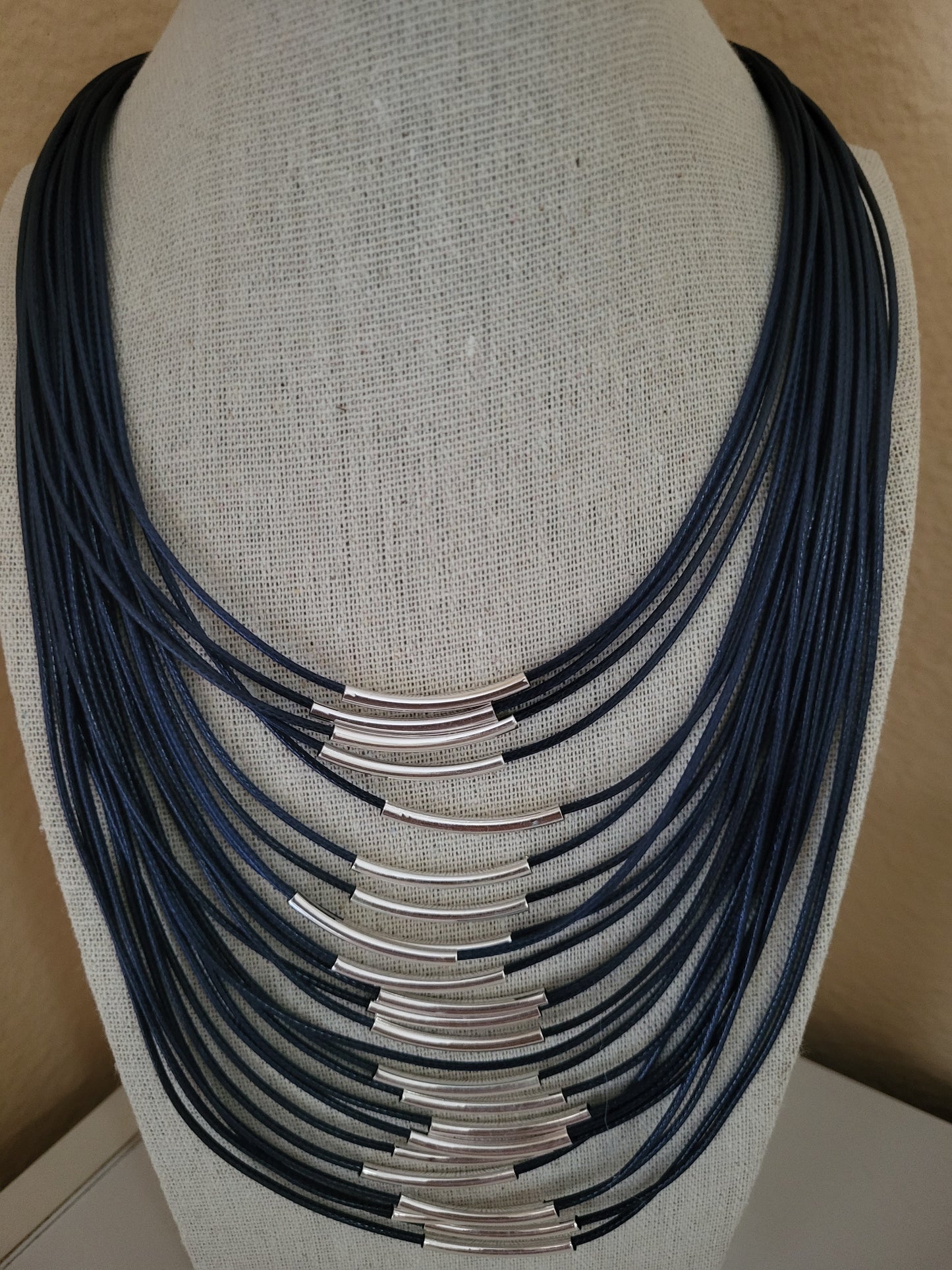 Multi layer navy blue faux leather necklace