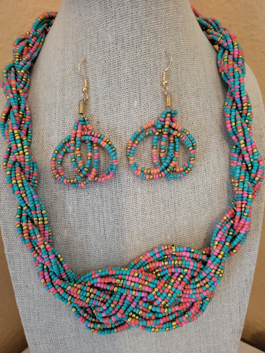 Rose, aqua and gold beaded necklace and earrings