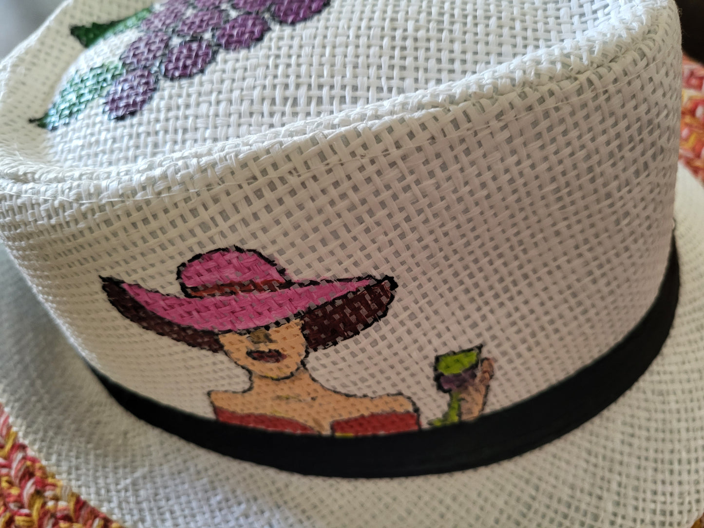 Wine straw hat hand painted